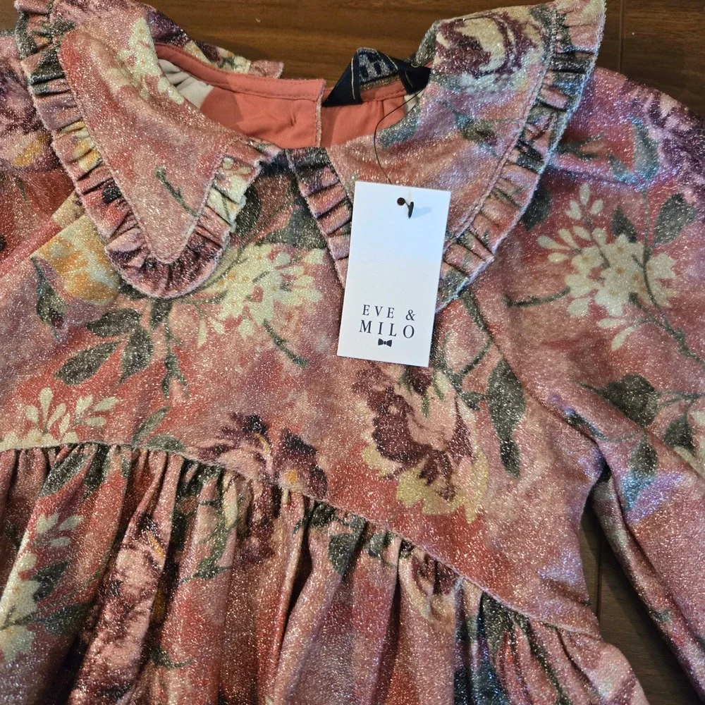 Eve & Milo Kids Pink Metallic Floral Puff Sleeve Ruffle Collar‎ Dress 2-3 Years